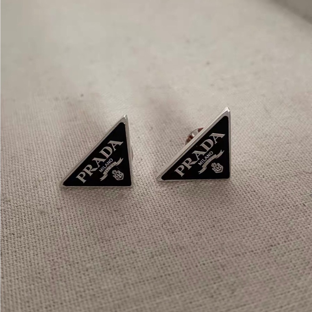PRADA Black Triangle Logo Stud Earrings - Picture 5 of 5